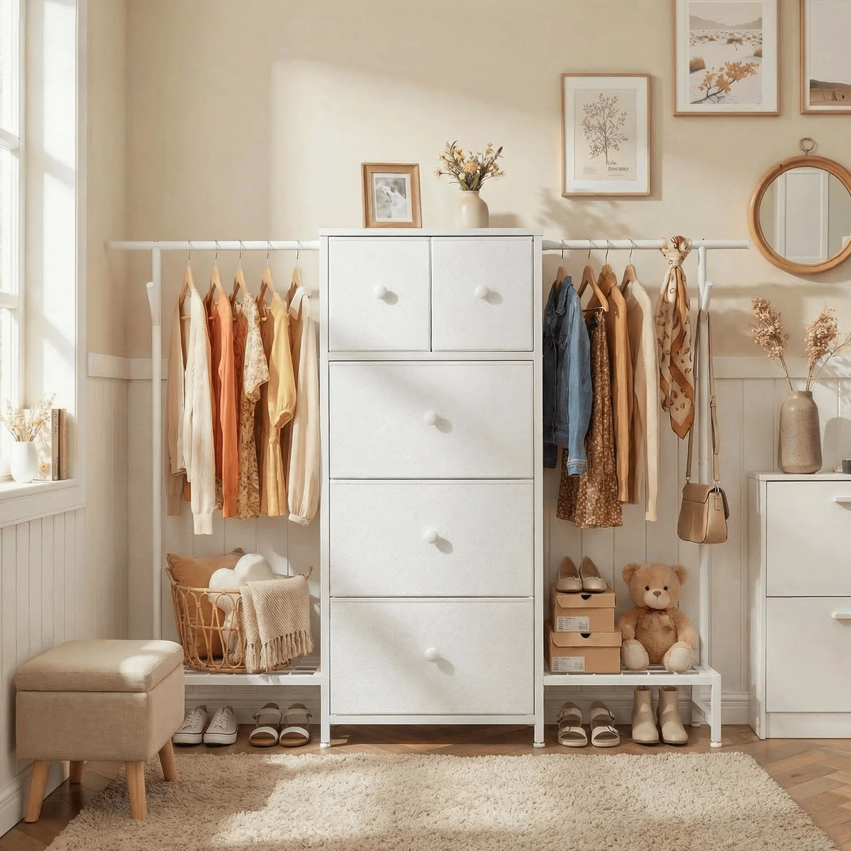 EnHomee Modern Dresser With Five Drawers And Hanging Rack