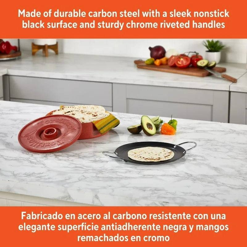 Carbon Steel Nonstick Round Comal With Comfortable Metal Side Handles