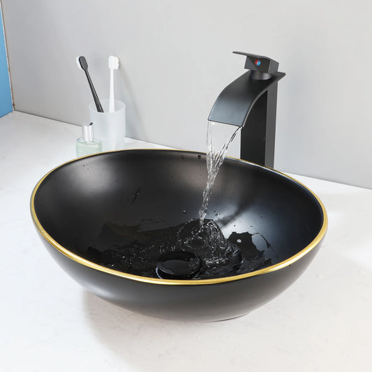 MEKKHALA Oval Ceramic Vessel Sink Set With Waterfall Faucet