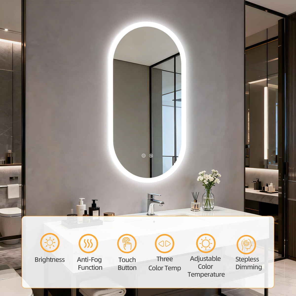 BORWART Smart Anti Fog Dimmable Oval LED Bathroom Mirror