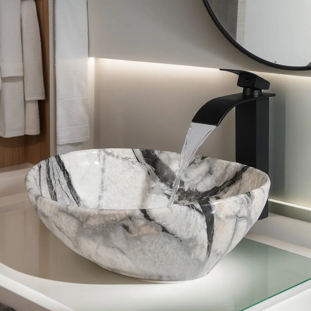 Mekkhala Rectangular Ceramic Vessel Sink Basin With Faucet