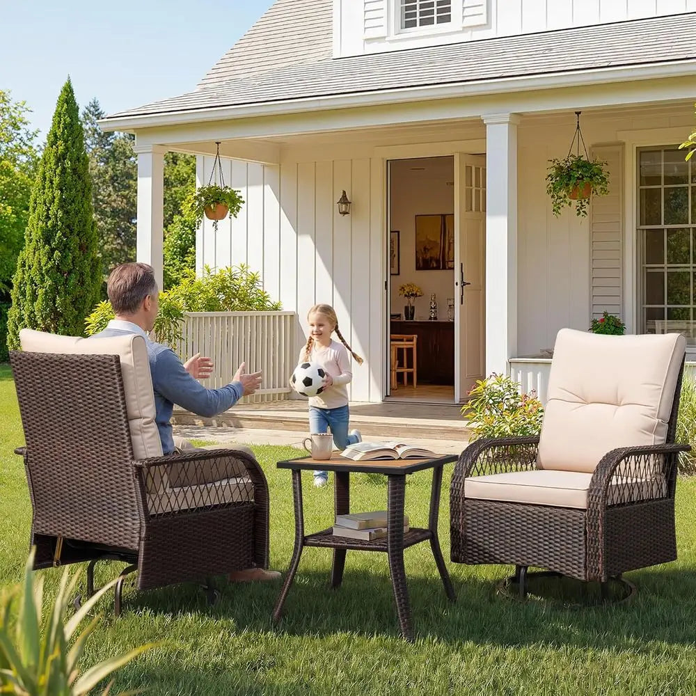 Three Piece Outdoor Patio Swivel Rocking Chair Set With Table