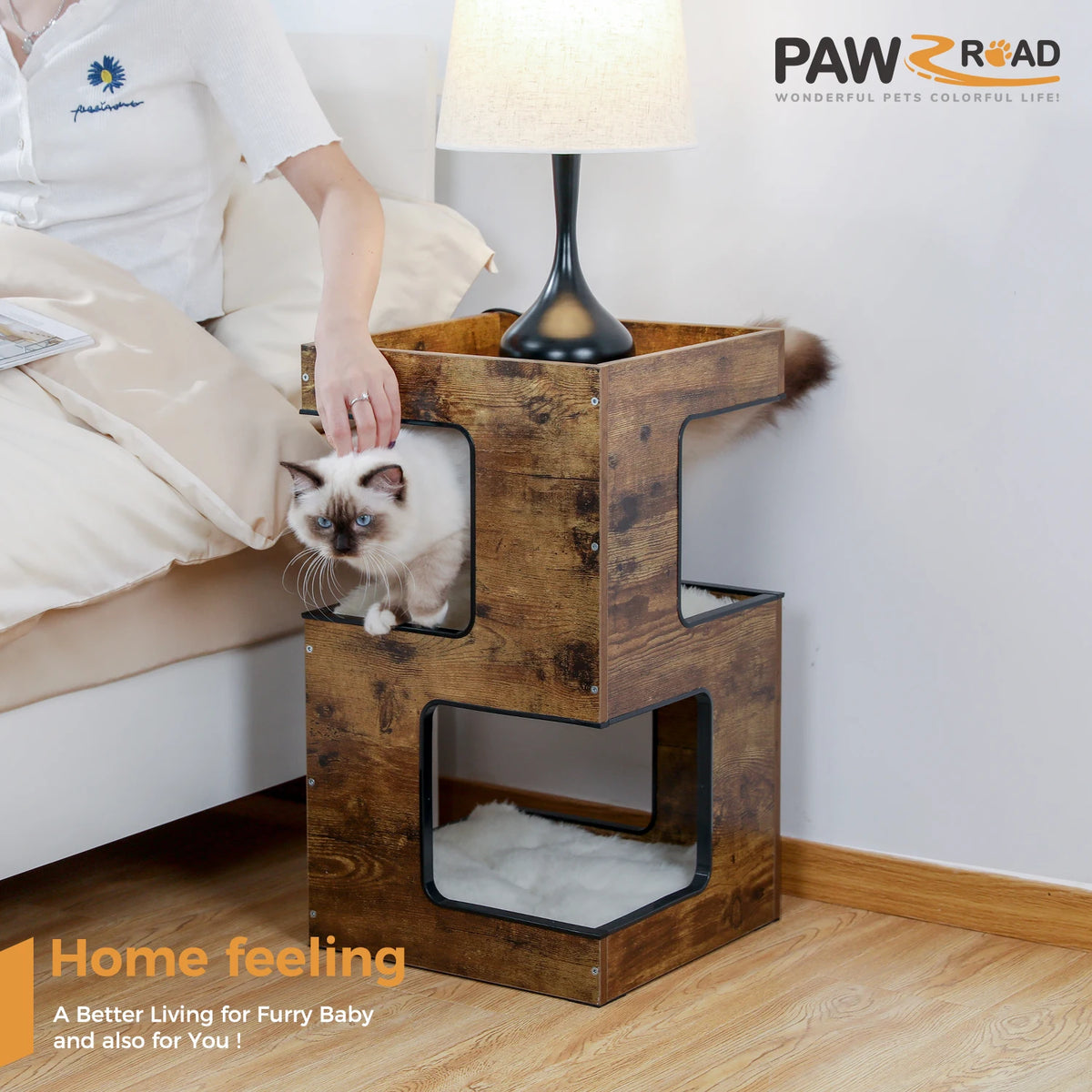 PAWZ Road Modern Wood Cat Condo Removable Mats Scratching Pad