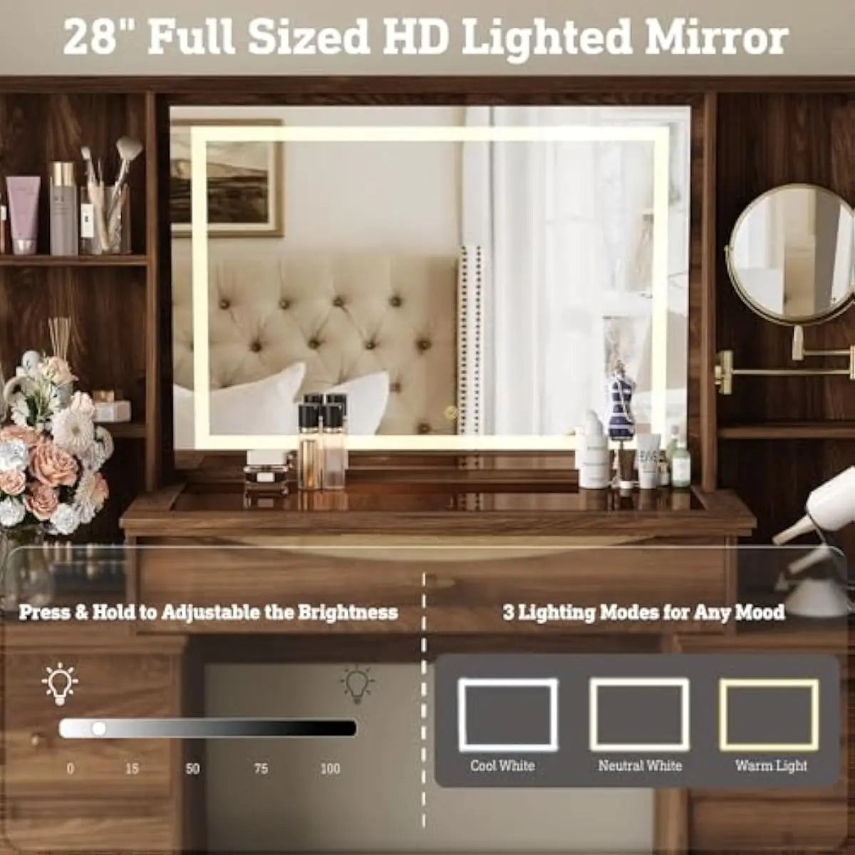 Modern Vanity Desk With Adjustable LED Mirror And Seven Drawers