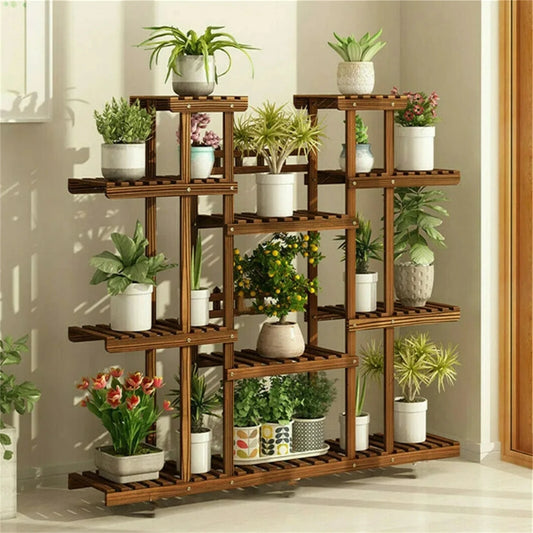 11 Tier Carbonized Wood Plant Stand Display Shelf