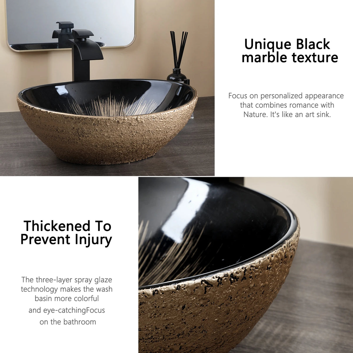 MEKKHALA Oval Ceramic Vessel Sink Set With Waterfall Faucet