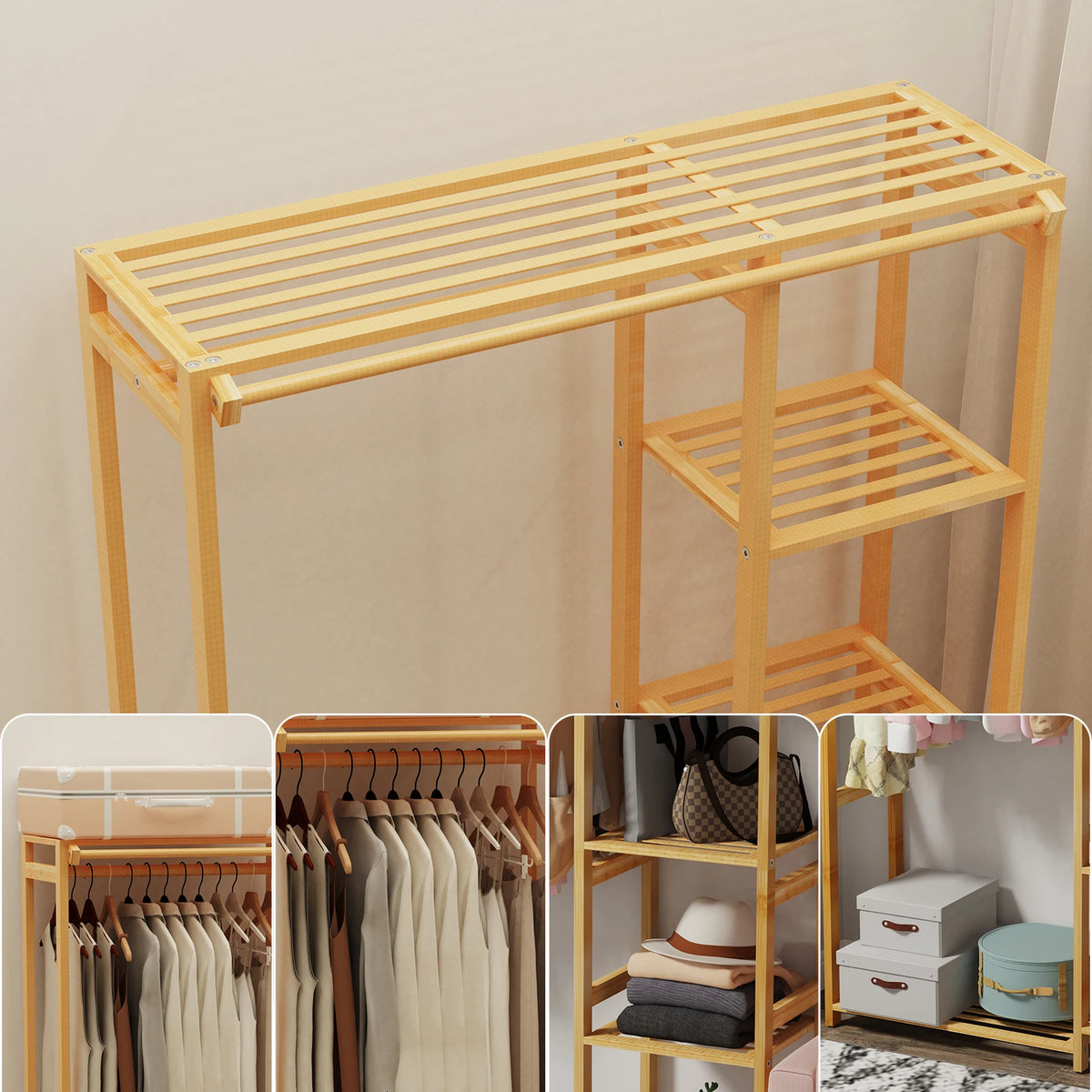 Bamboo Multi Tier Garment Rack Wardrobe Closet Stand Storage Shelves
