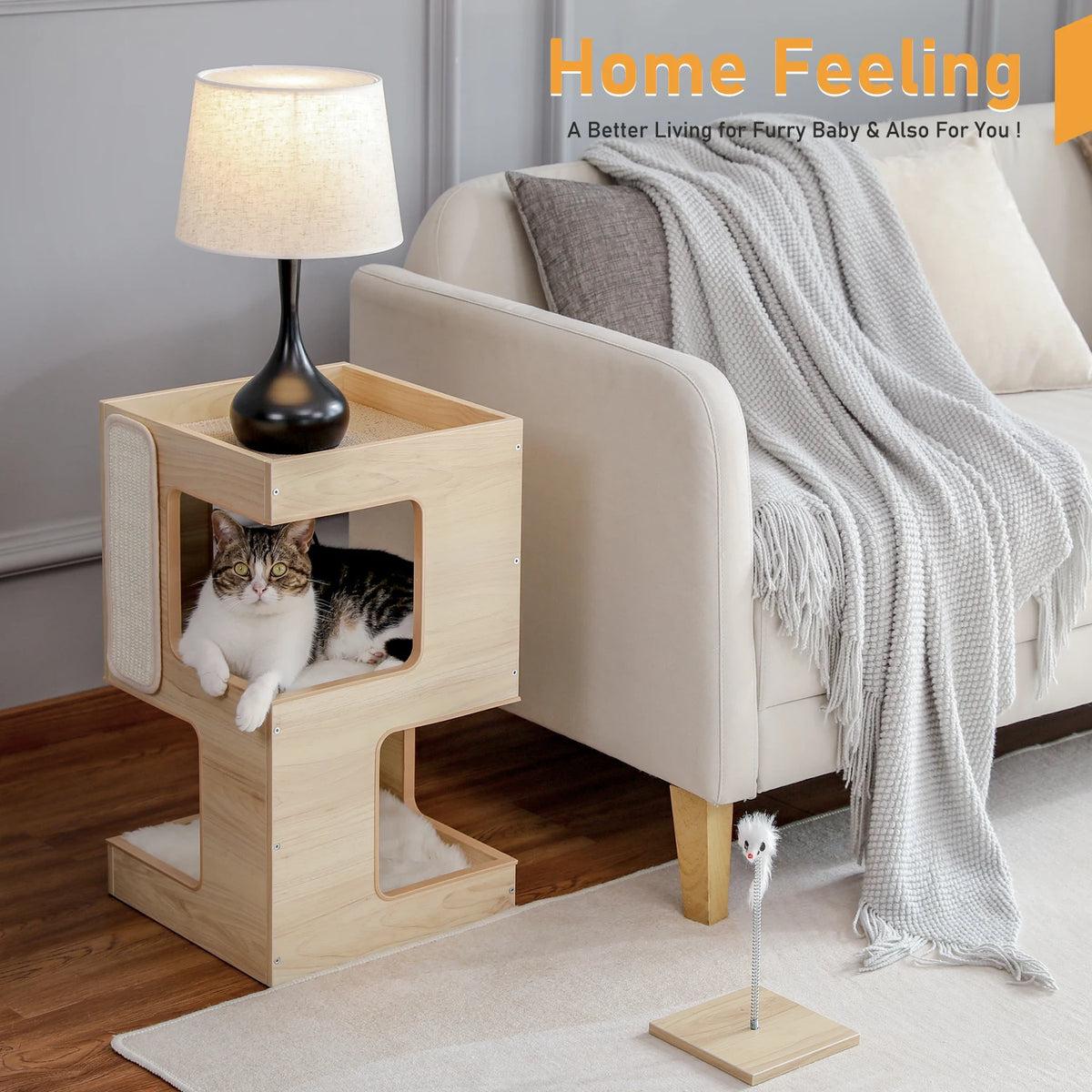 PAWZ Road Modern Wood Cat Condo Removable Mats Scratching Pad