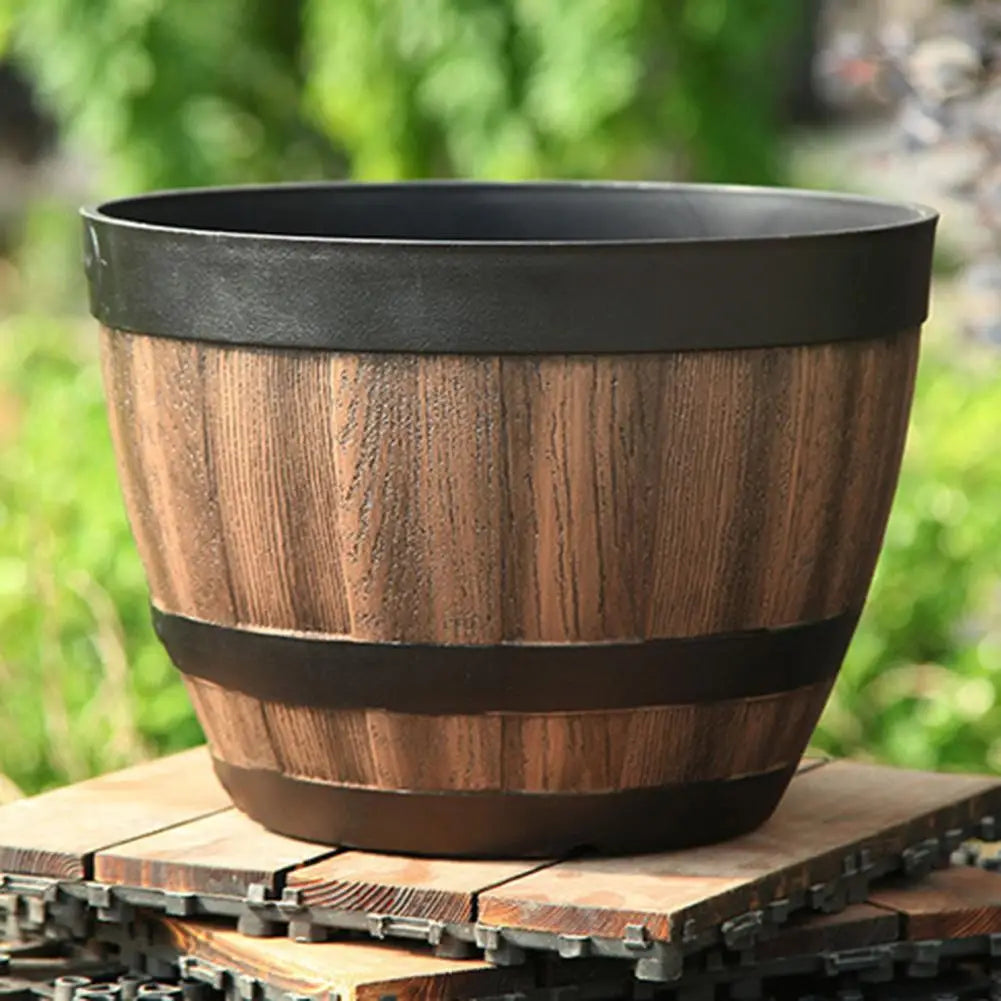 Rustic Farmhouse Faux Wood Whiskey Barrel Planter With Drainage