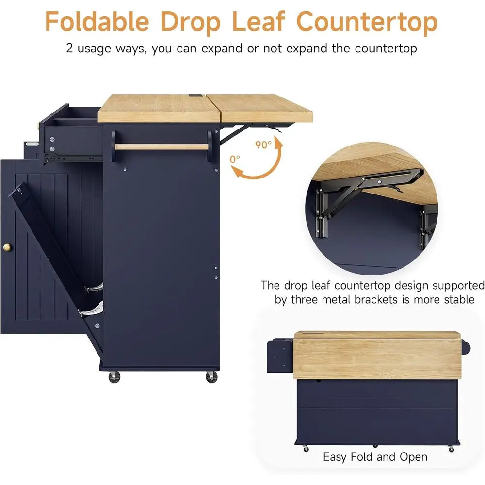 Mobile Kitchen Island With Adjustable Storage And Power Outlet