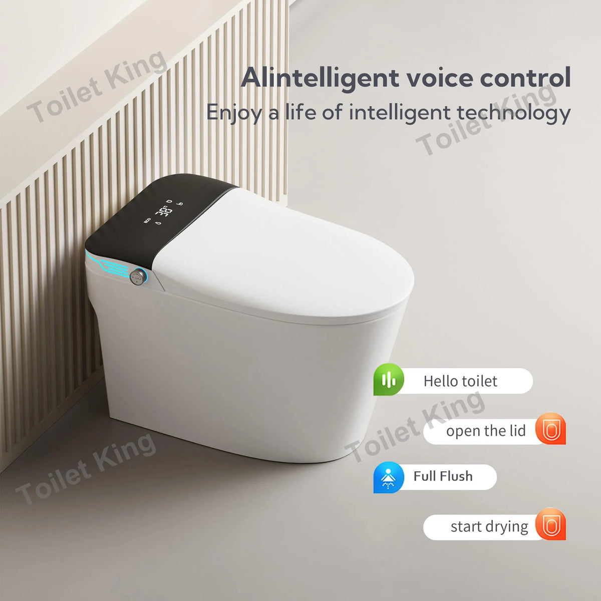 Elongated Smart Toilet With Built-In Bidet, Voice Control, Dryer