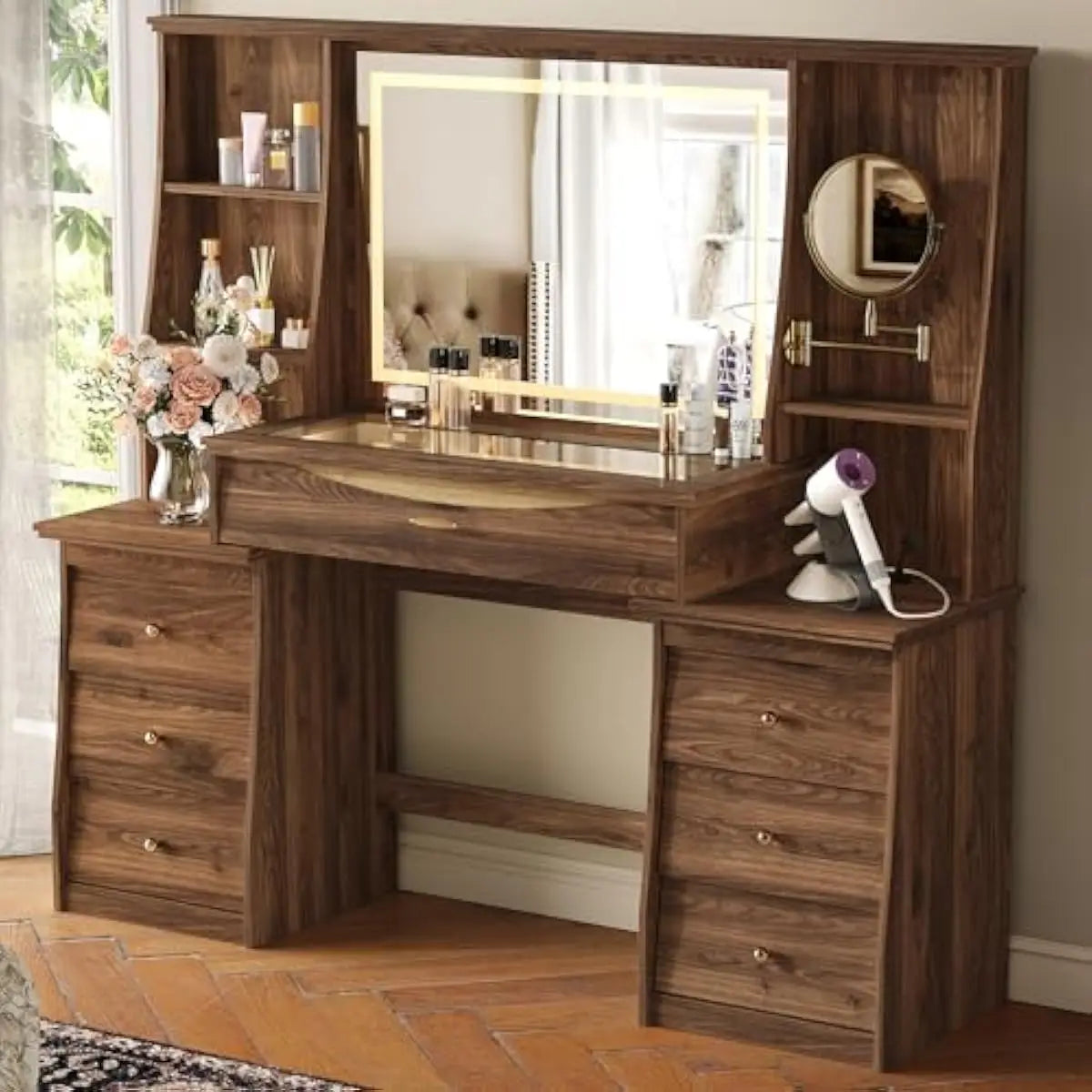 Modern Vanity Desk With Adjustable LED Mirror And Seven Drawers
