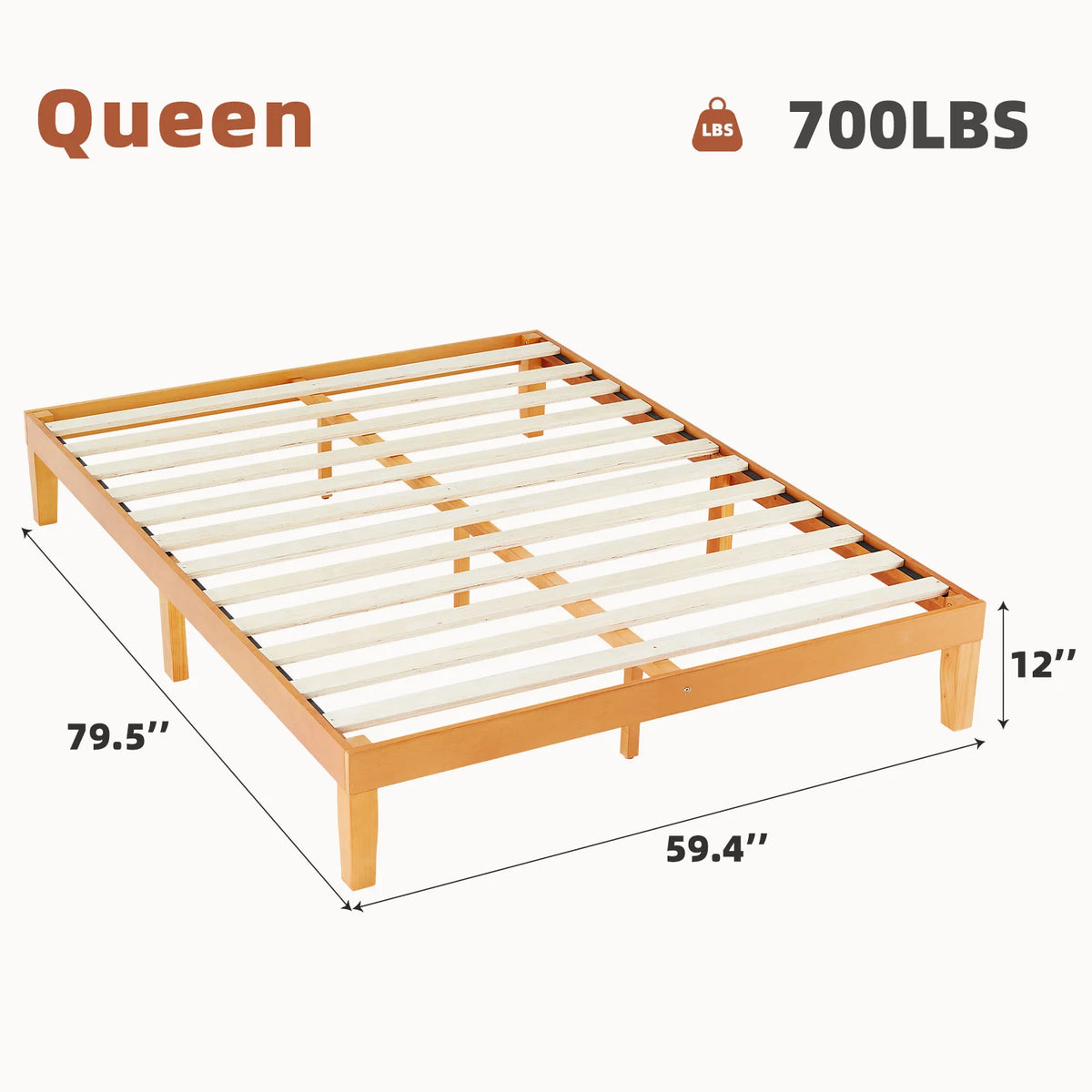 JHK Solid Wood Bed Frame With Sturdy Platform Slat Support