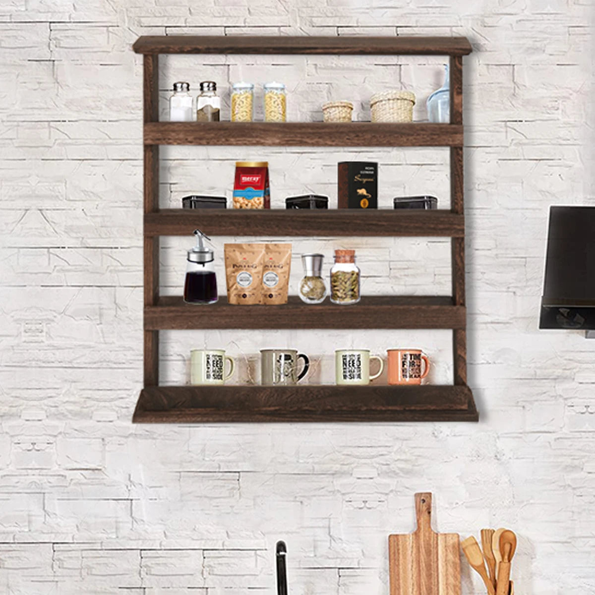 Wooden Wall Mount Spice Rack With Four Tier Storage