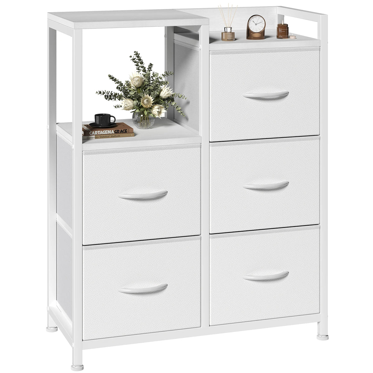 JHK Modern Fabric Drawer Chest With Metal Frame Raised Shelf