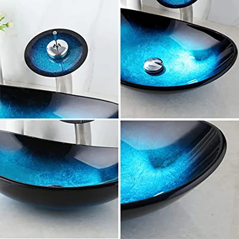 Mekkhal Tempered Glass Bathroom Oval Vessel Sink With Faucet