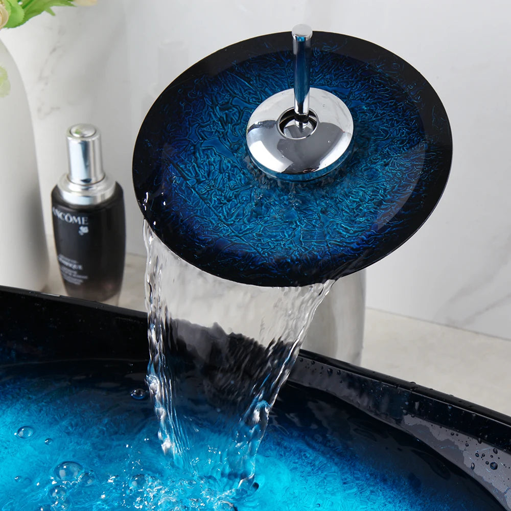 Mekkhal Tempered Glass Bathroom Oval Vessel Sink With Faucet