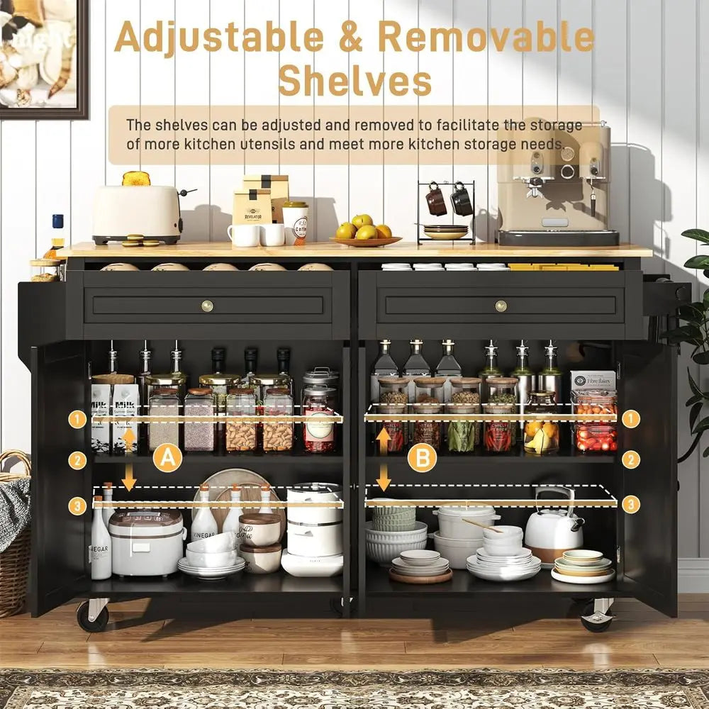 Bamboo Kitchen Island Cart With Rolling Wheels And Storage