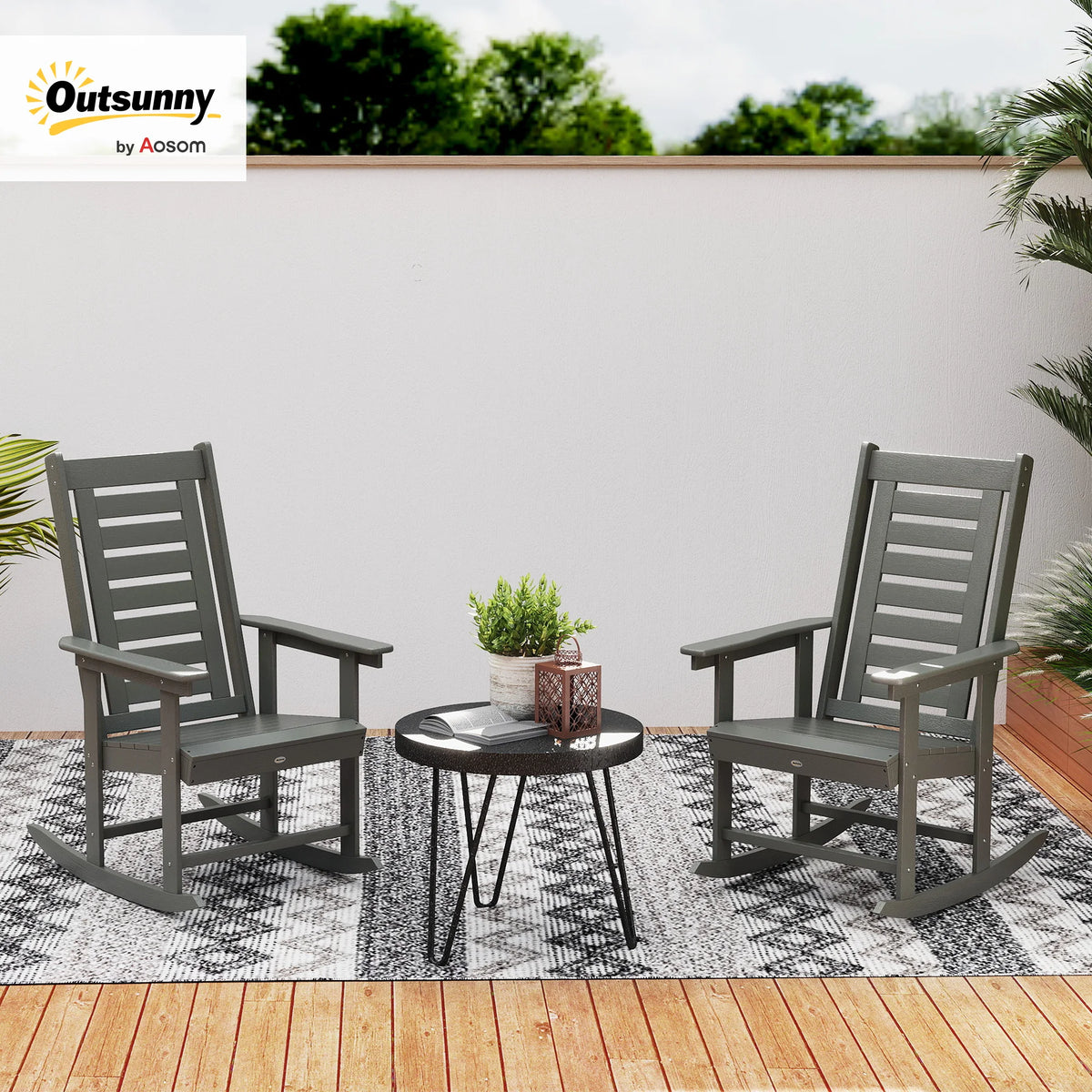 Outsunny Set Of Two Outdoor HDPE High Back Rocking Chairs