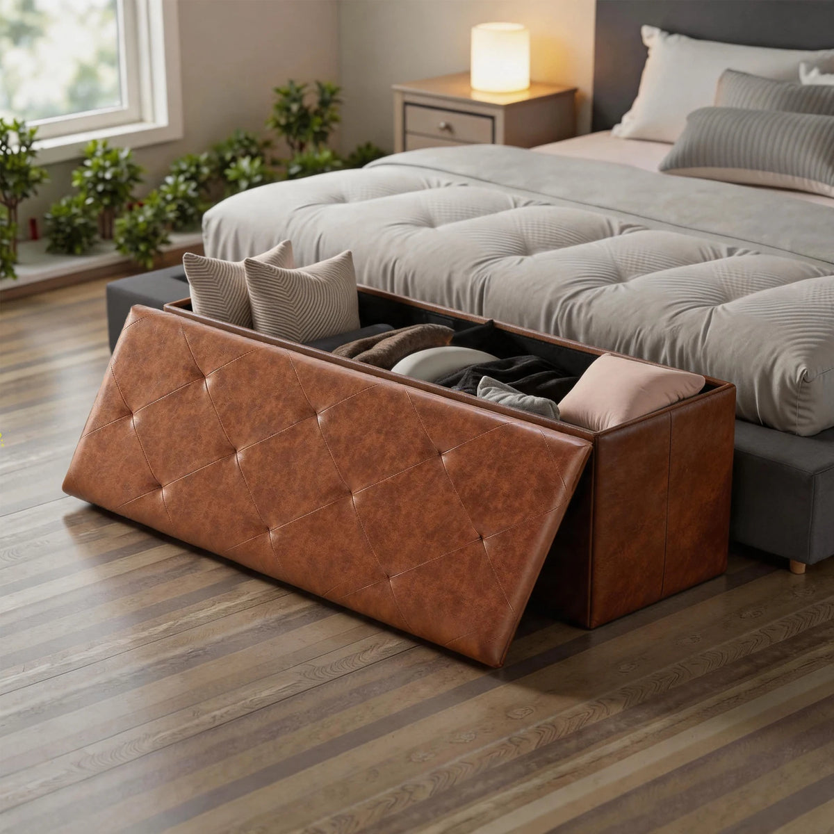 Sarenzoon Tufted Faux Leather Storage Bench Ottoman