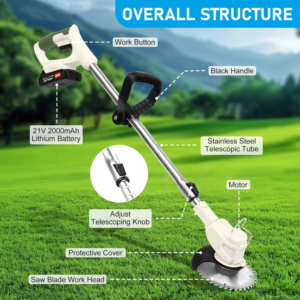 21V Cordless 3-In-1 Electric Lawn Trimmer With Battery Charger