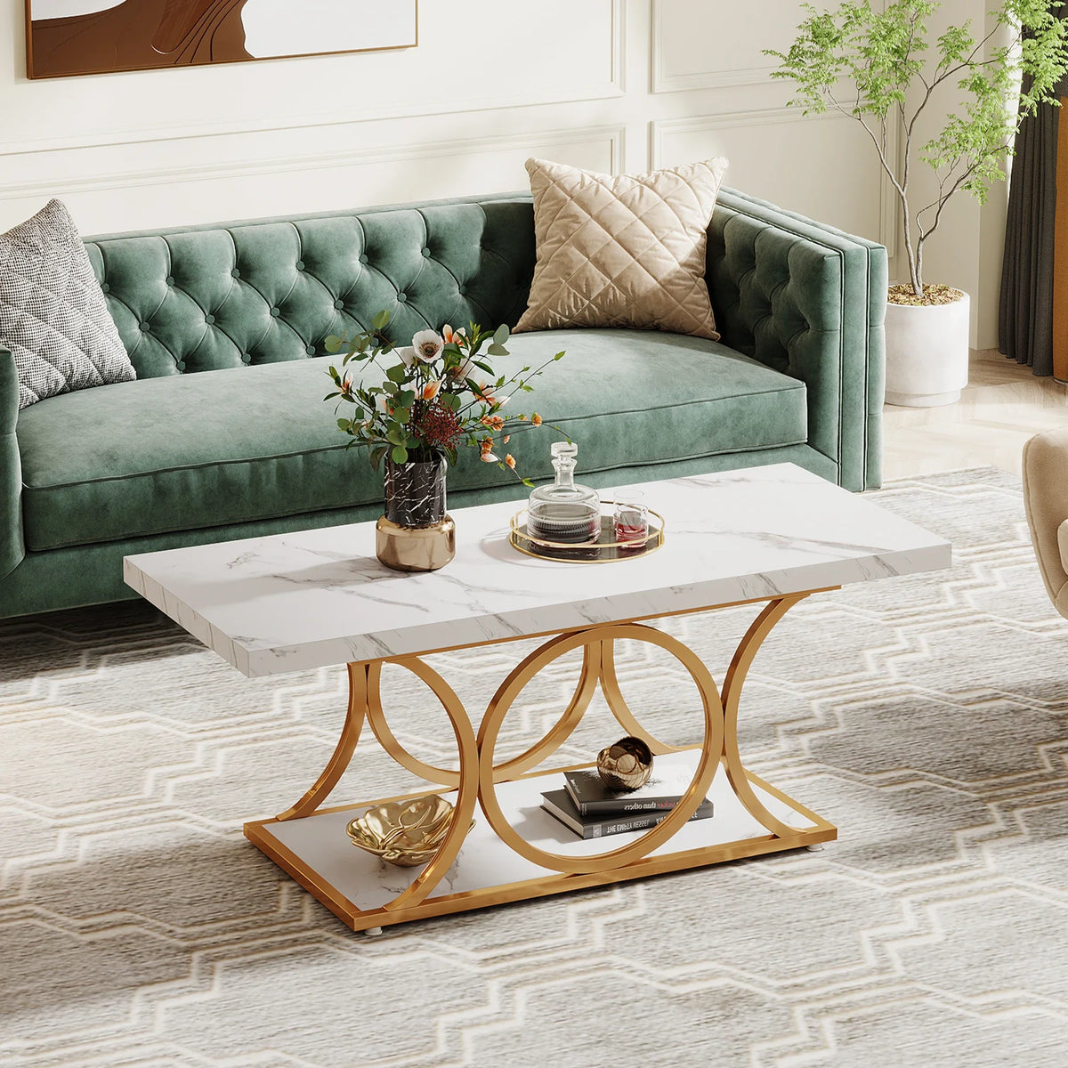Tribesigns Modern Rectangle Coffee Table With Two Tier Shelving