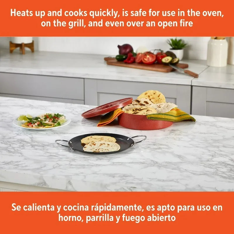 Carbon Steel Nonstick Round Comal With Comfortable Metal Side Handles