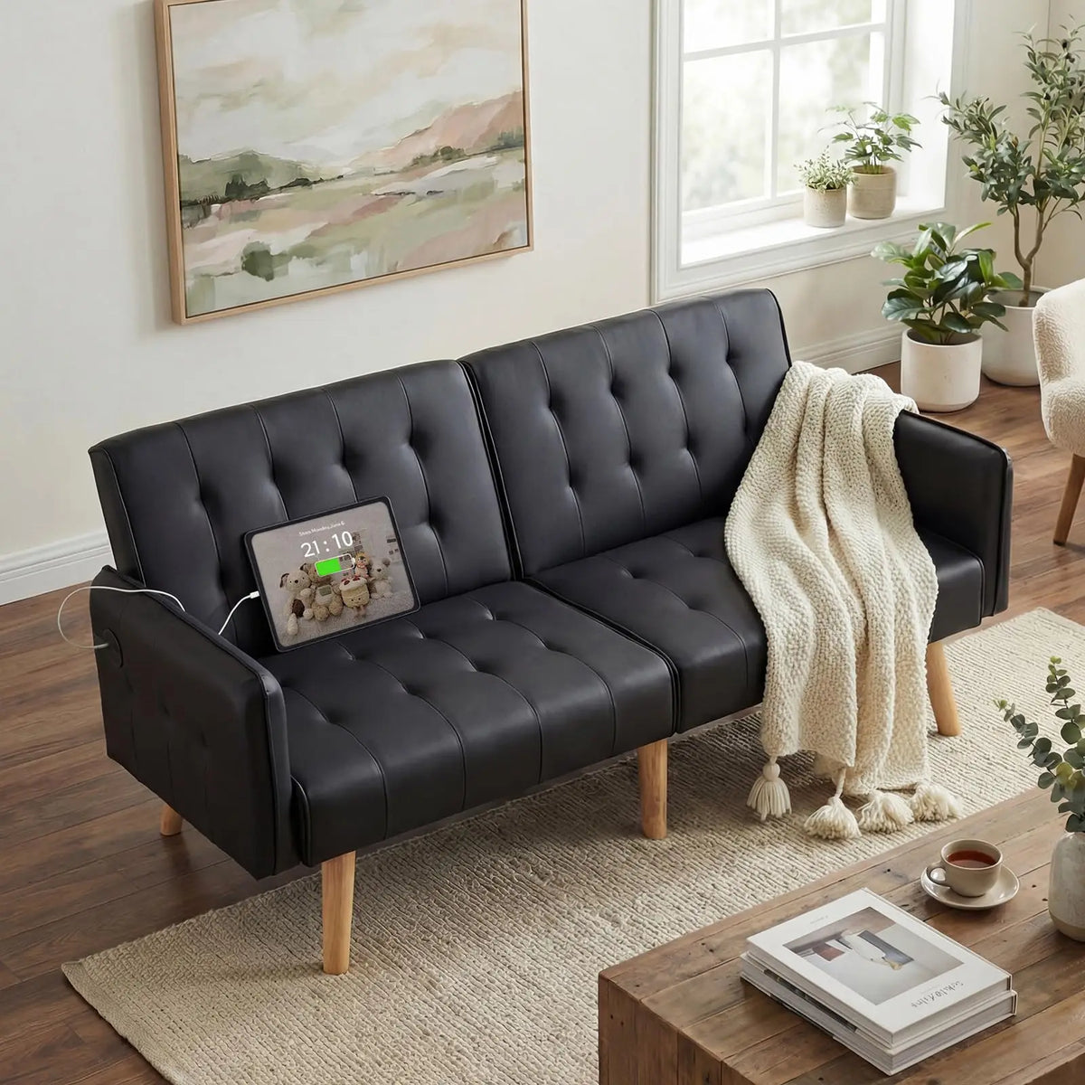 Convertible Synthetic Leather Futon Sofa Bed With USB Ports