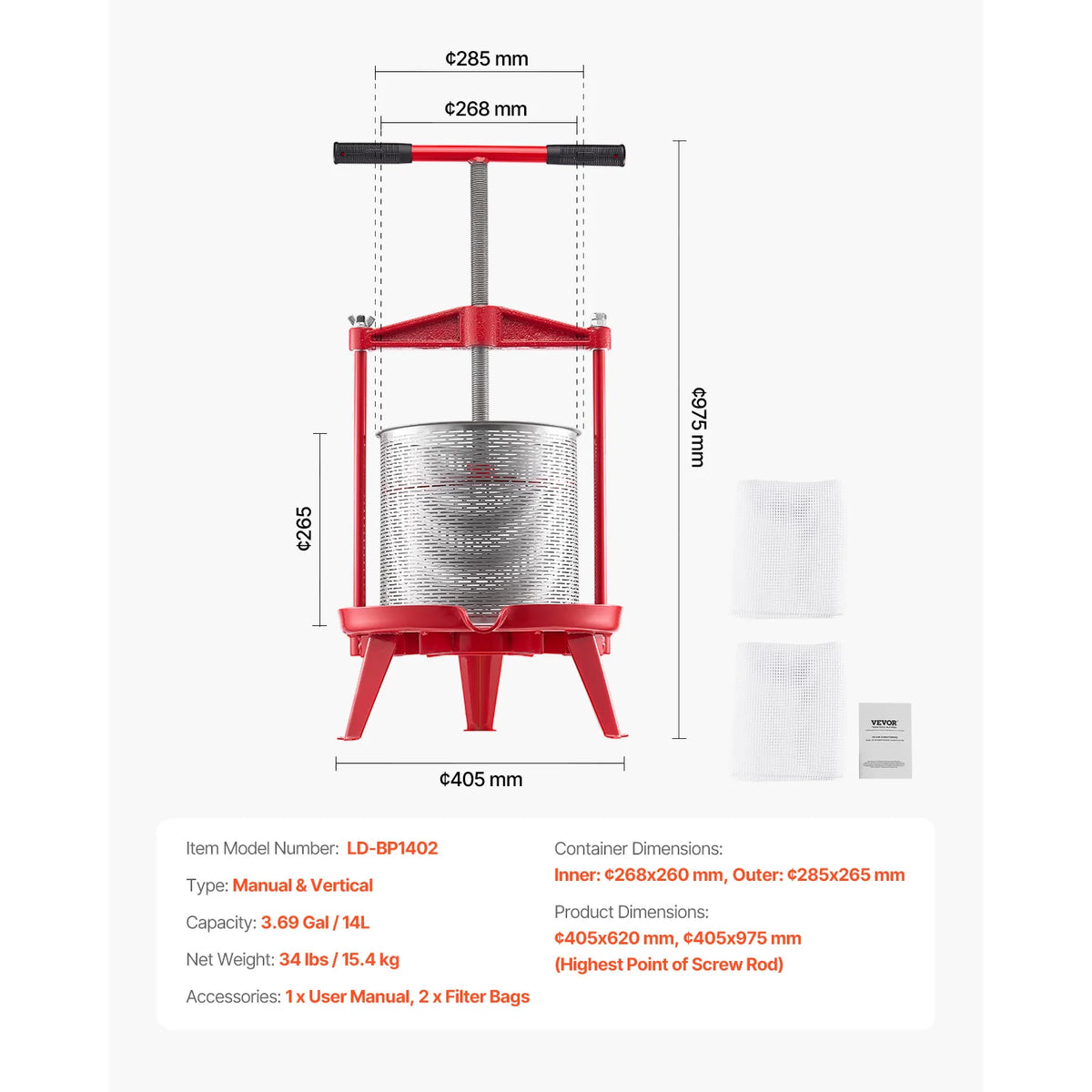 SucceBuy Stainless Steel Manual Fruit Wine Press for Juice Making
