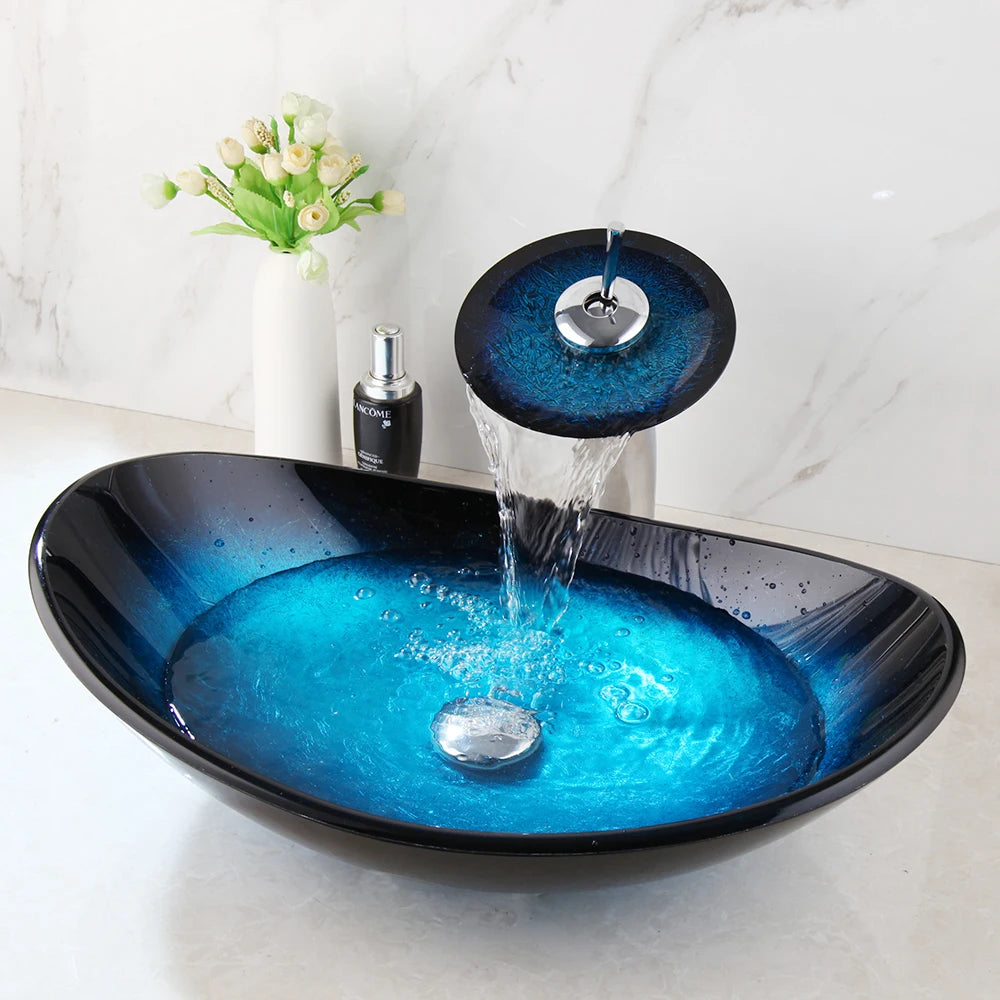 Mekkhal Tempered Glass Bathroom Oval Vessel Sink With Faucet