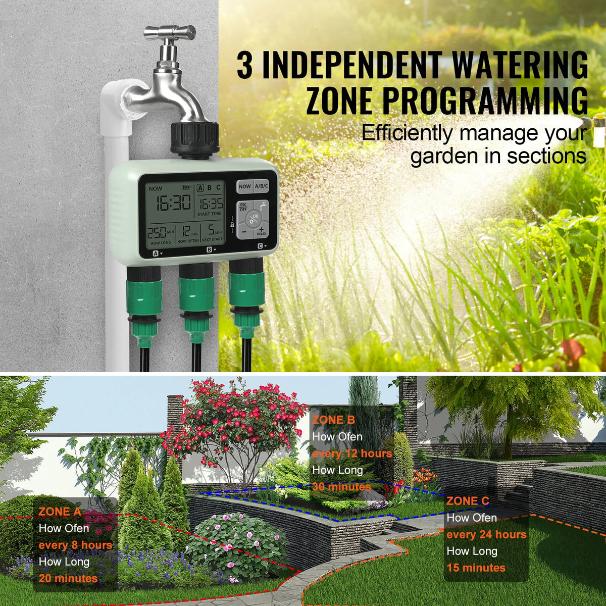 SucceBuy 3 Outlet Water Timer Lcd Manual Control Hose Sprinkler
