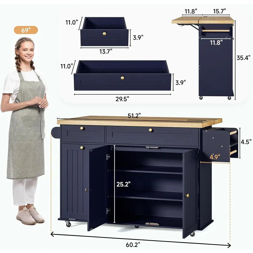Mobile Kitchen Island With Adjustable Storage And Power Outlet