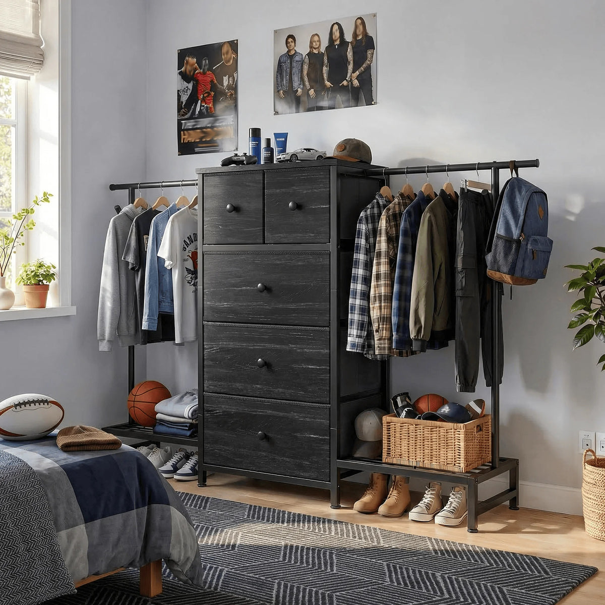 EnHomee Modern Dresser With Five Drawers And Hanging Rack