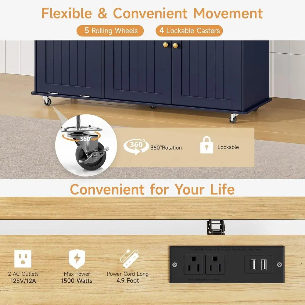 Mobile Kitchen Island With Adjustable Storage And Power Outlet