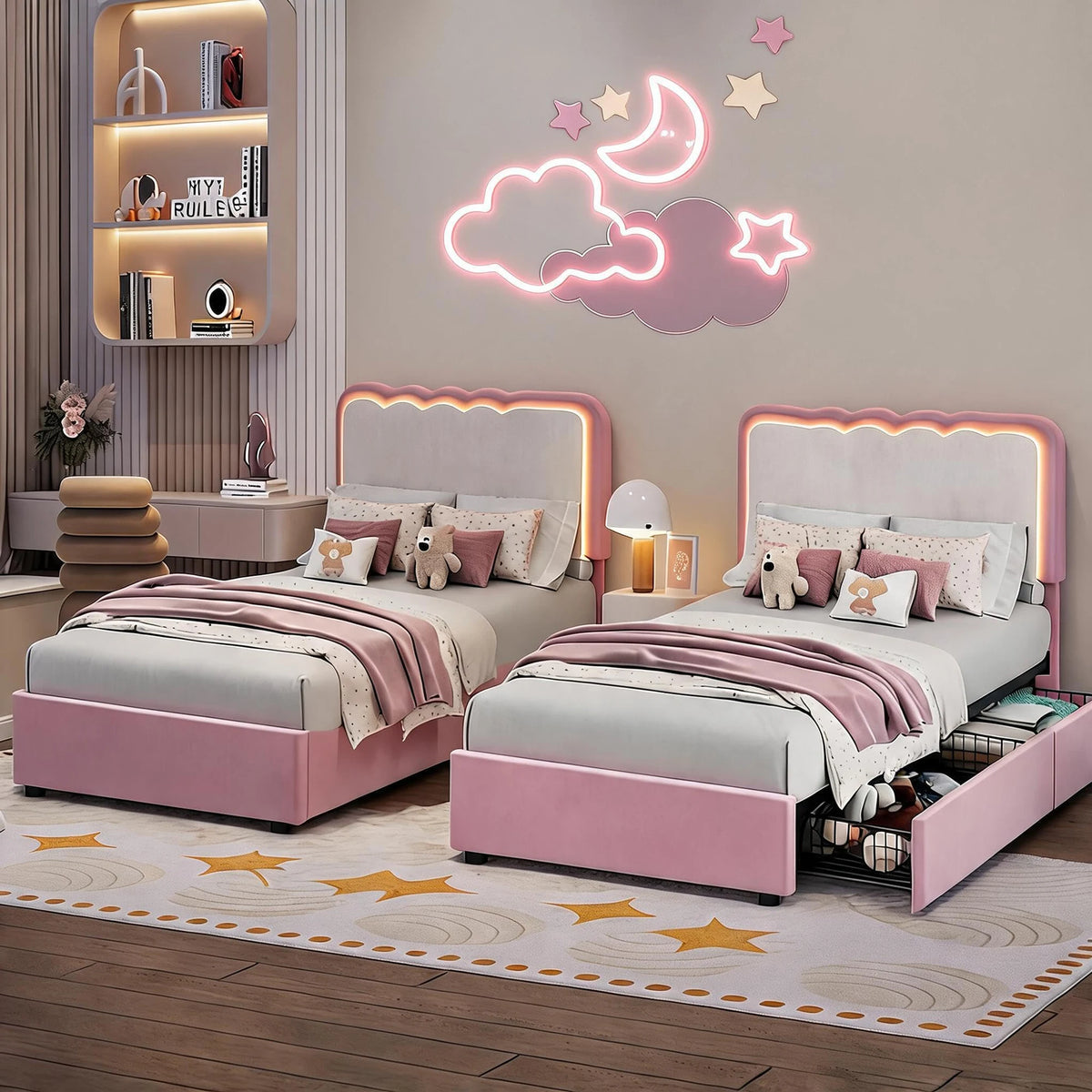 HiMISS Upholstered LED Platform Bed With Storage Drawers