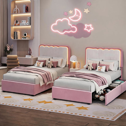 HiMISS Upholstered LED Platform Bed With Storage Drawers