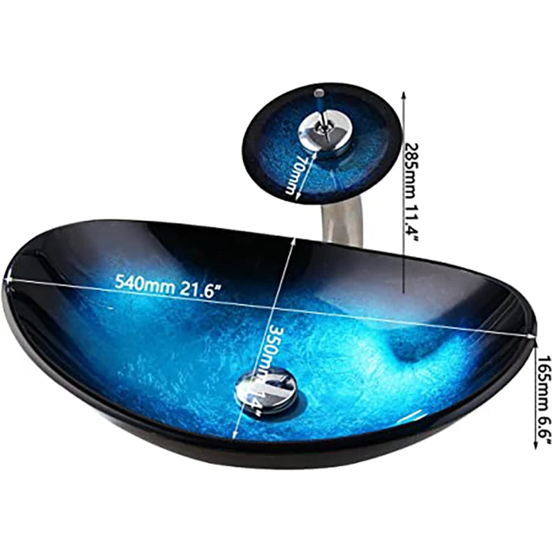 Mekkhal Tempered Glass Bathroom Oval Vessel Sink With Faucet