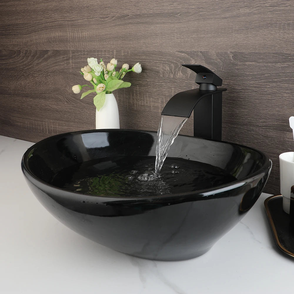 MEKKHALA Oval Ceramic Vessel Sink Set With Waterfall Faucet