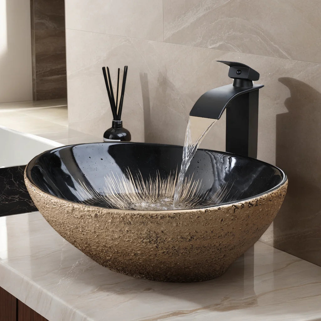 MEKKHALA Oval Ceramic Vessel Sink Set With Waterfall Faucet