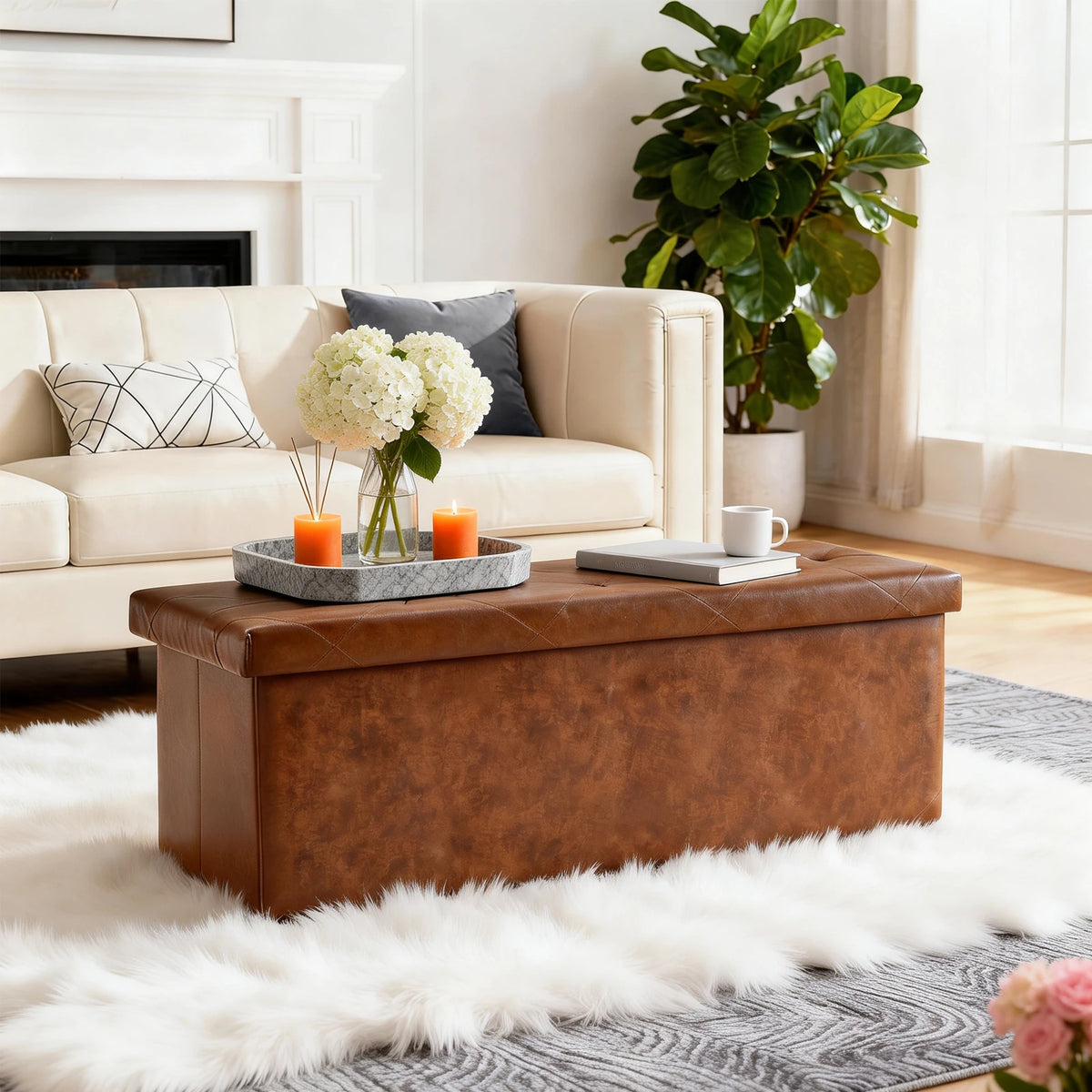 Sarenzoon Tufted Faux Leather Storage Bench Ottoman
