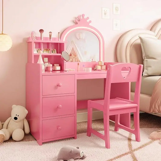 HiMISS Kids Vanity Desk With Built In Lighting And Chair