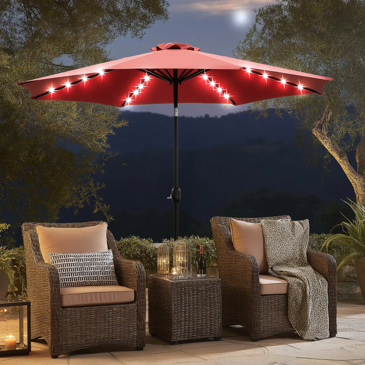 JHK Solar Patio Umbrella With LED Lights, Tilt And Crank