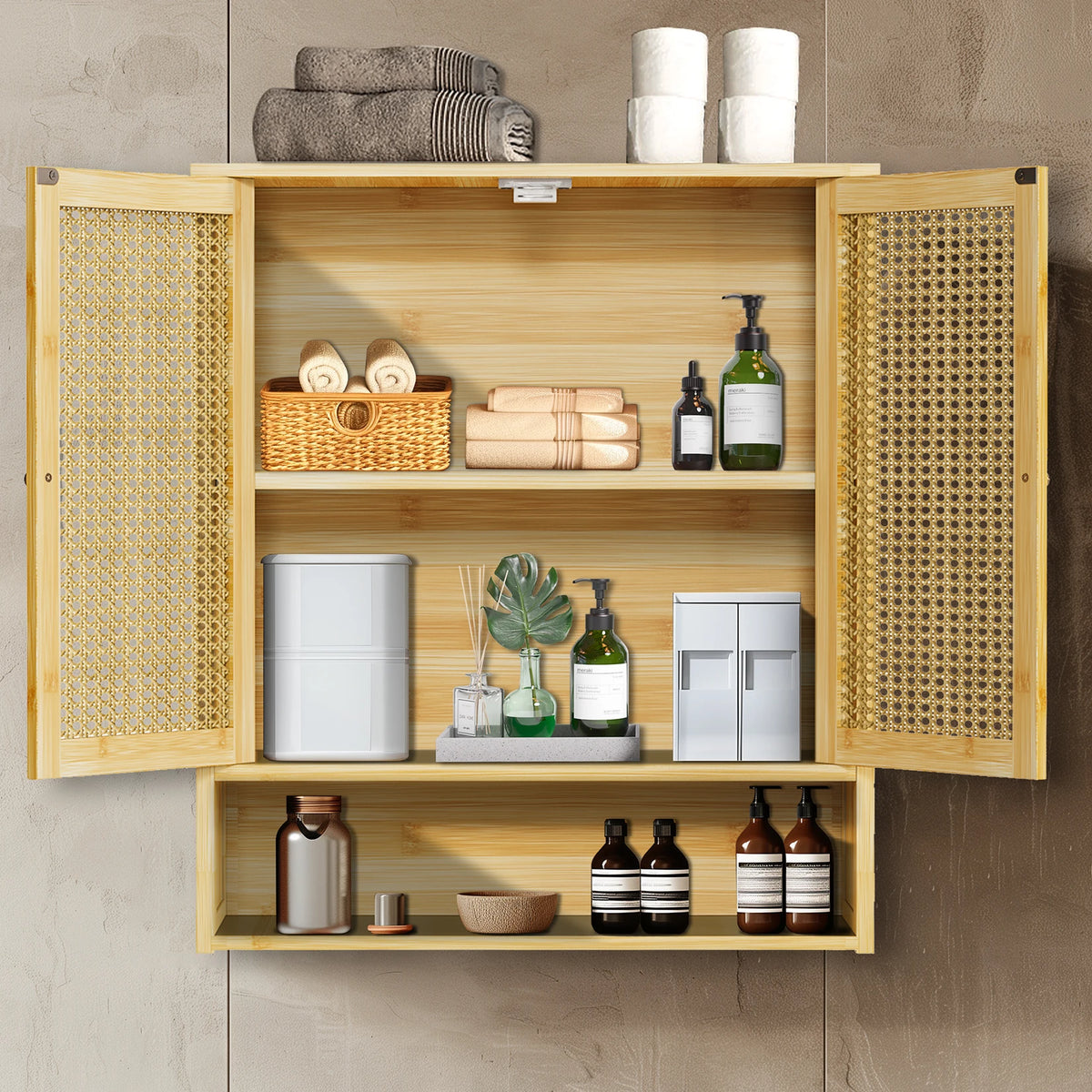 Wisfor Bamboo Wall Mounted Medicine Cabinet With Rattan Doors