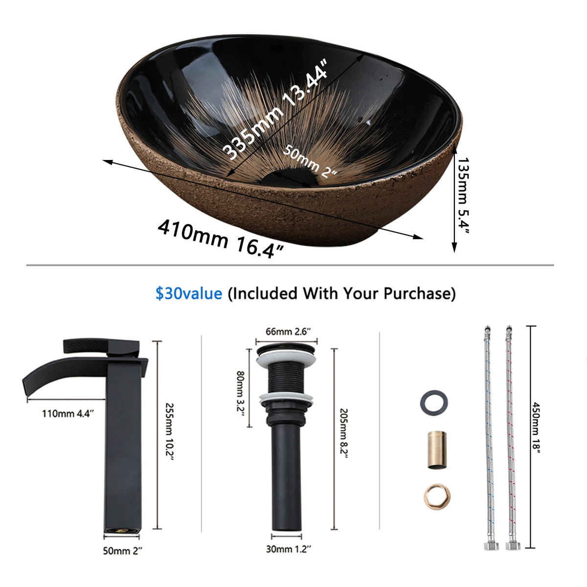 MEKKHALA Oval Ceramic Vessel Sink Set With Waterfall Faucet