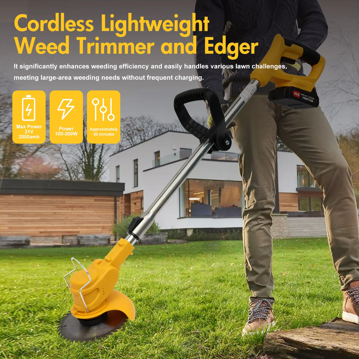 21V Cordless 3-In-1 Electric Lawn Trimmer With Battery Charger