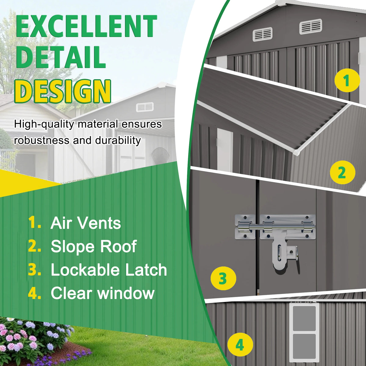 SUSUA Outdoor Metal Storage Shed With Double Doors And Windows