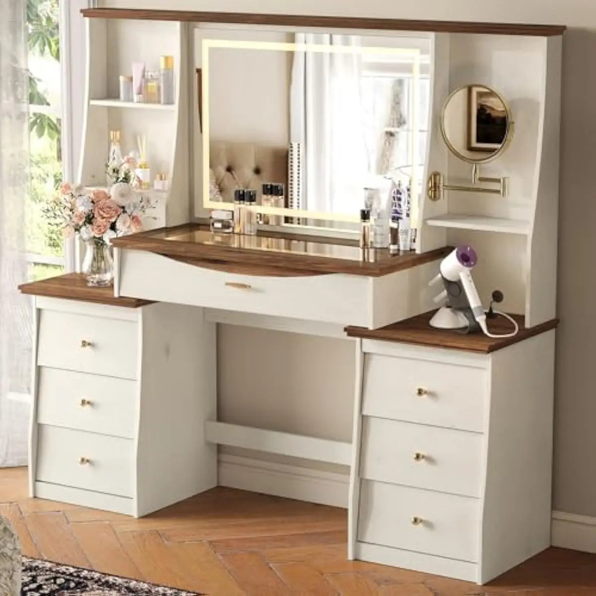Modern Vanity Desk With Adjustable LED Mirror And Seven Drawers