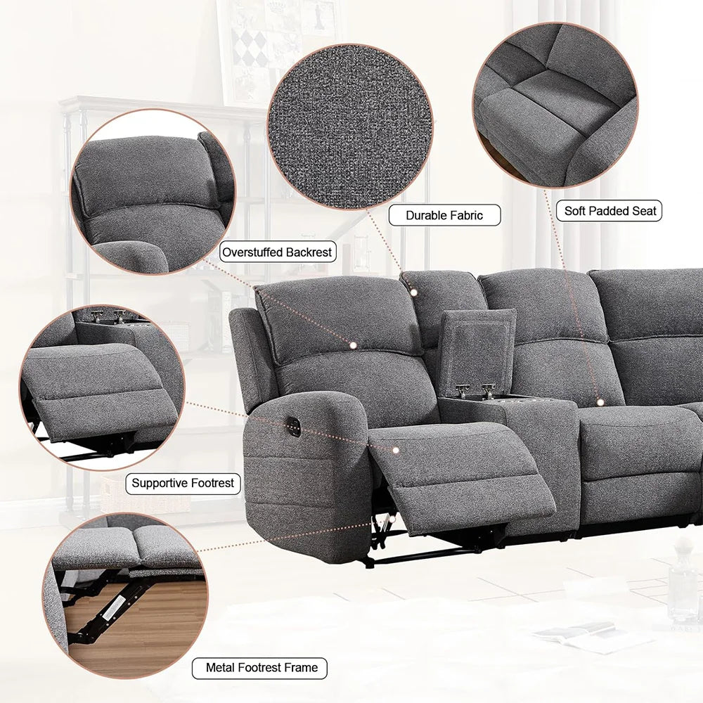 Ebello Fabric Reclining Sectional Sofa With Cup Holders Padded Headrest