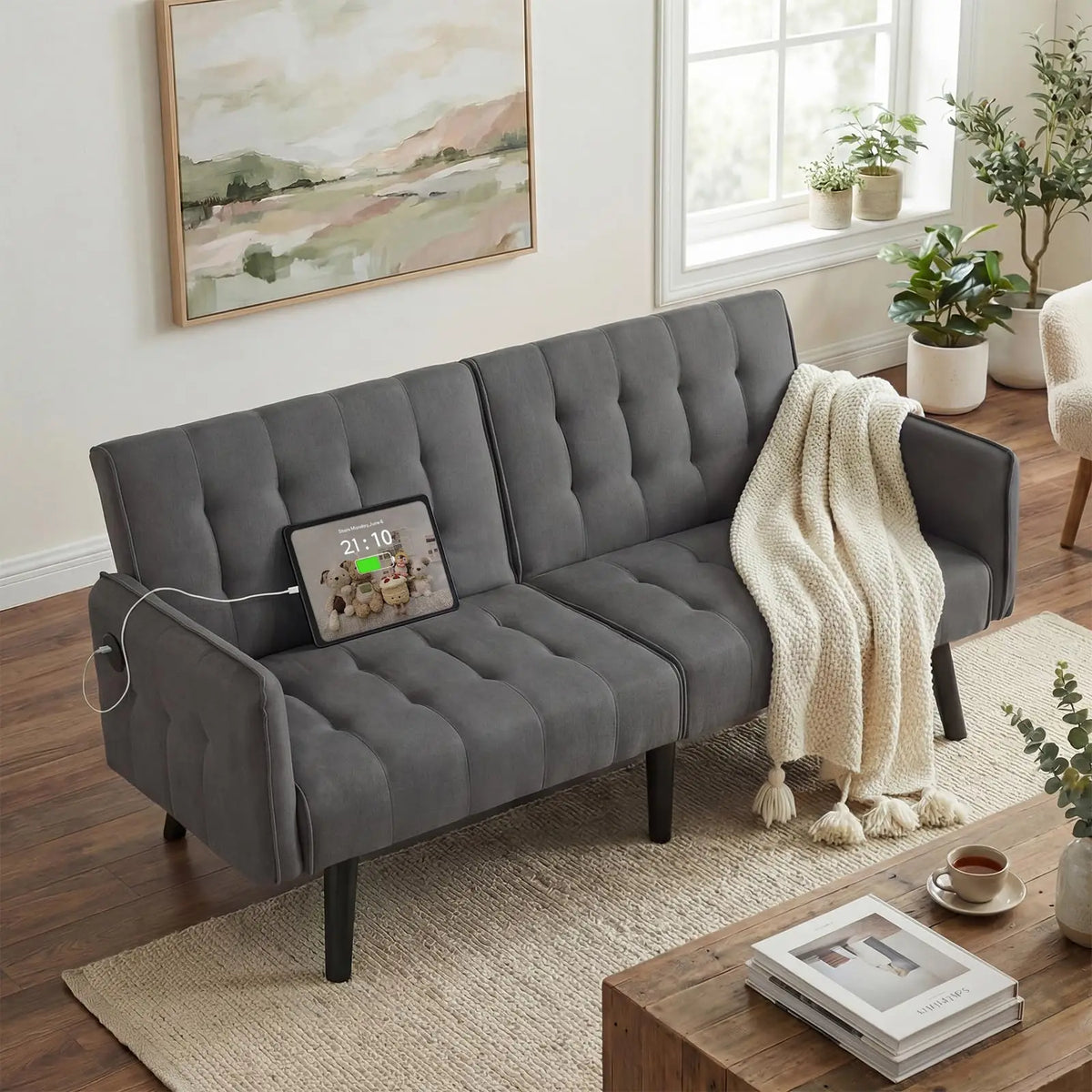 Convertible Synthetic Leather Futon Sofa Bed With USB Ports