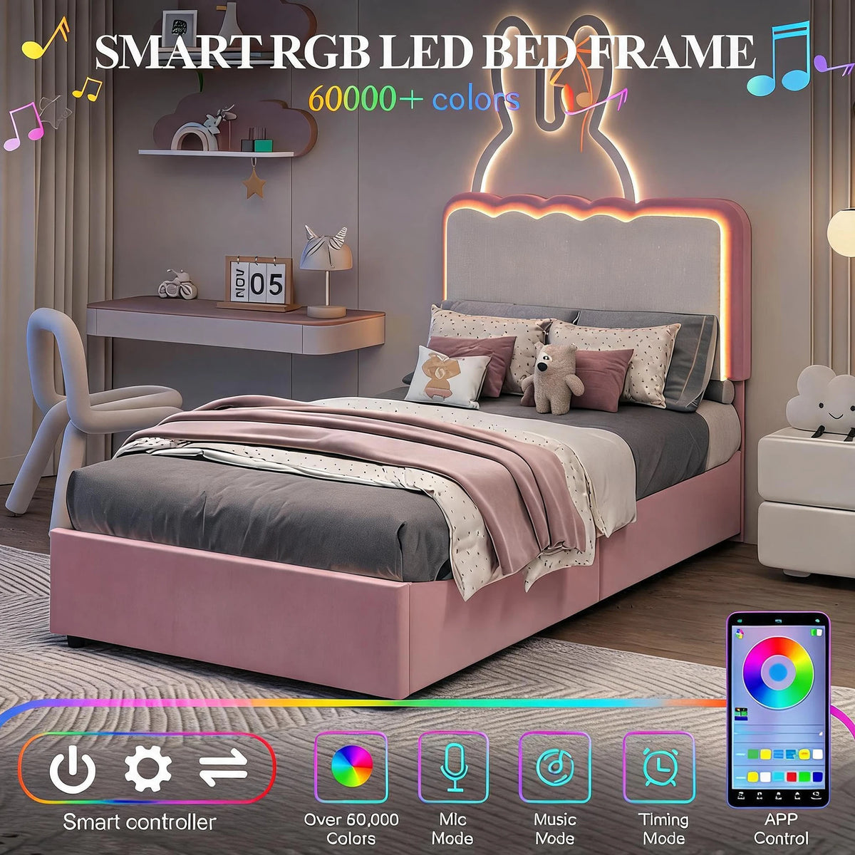 HiMISS Upholstered LED Platform Bed With Storage Drawers